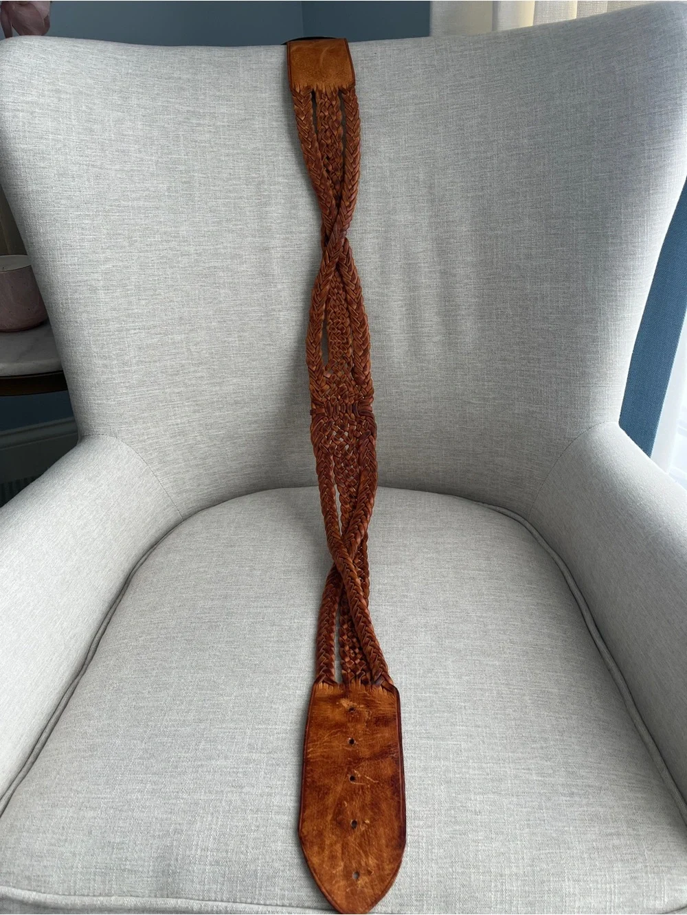 Vintage Moroccan Braided Brown Leather Belt with Large Etched Brass Buckle